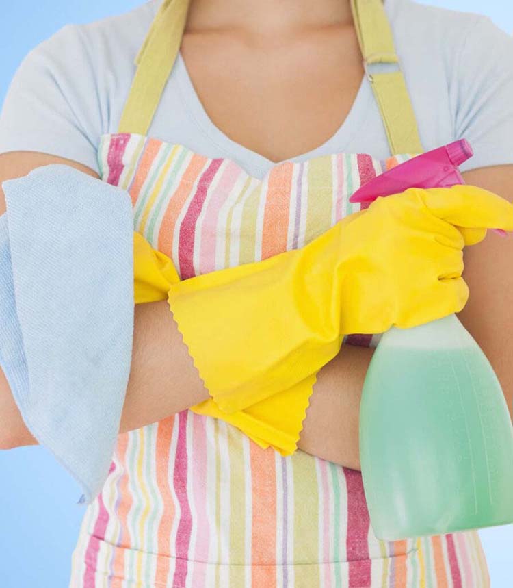 mid section of female cleaner with spray bottle